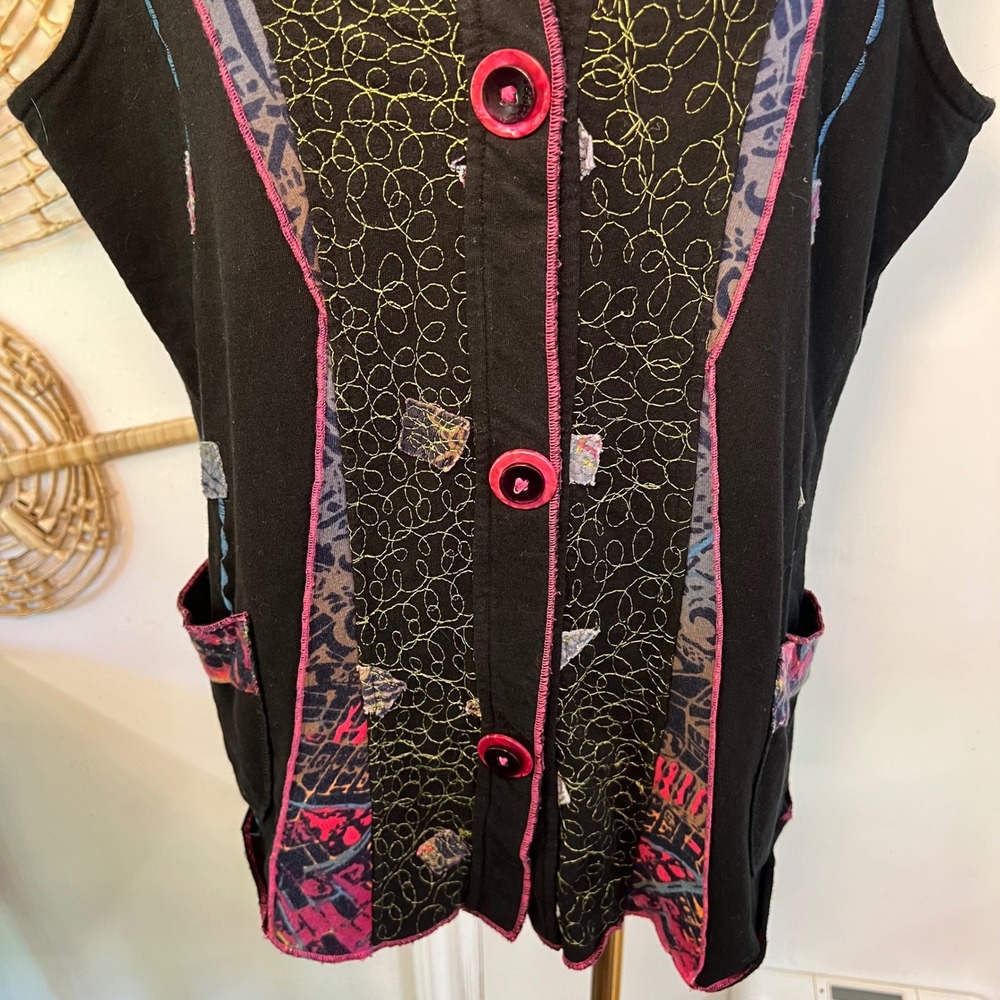 Parsley & Sage Art Patchwork Embroidered Button Front Vest XL Boho Lagenlook - Picture 4 of 8